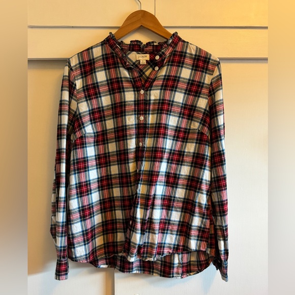 J. Crew Flannel shirt with ruffle collar in white out plaid/multi Size L EUC - Picture 4 of 5